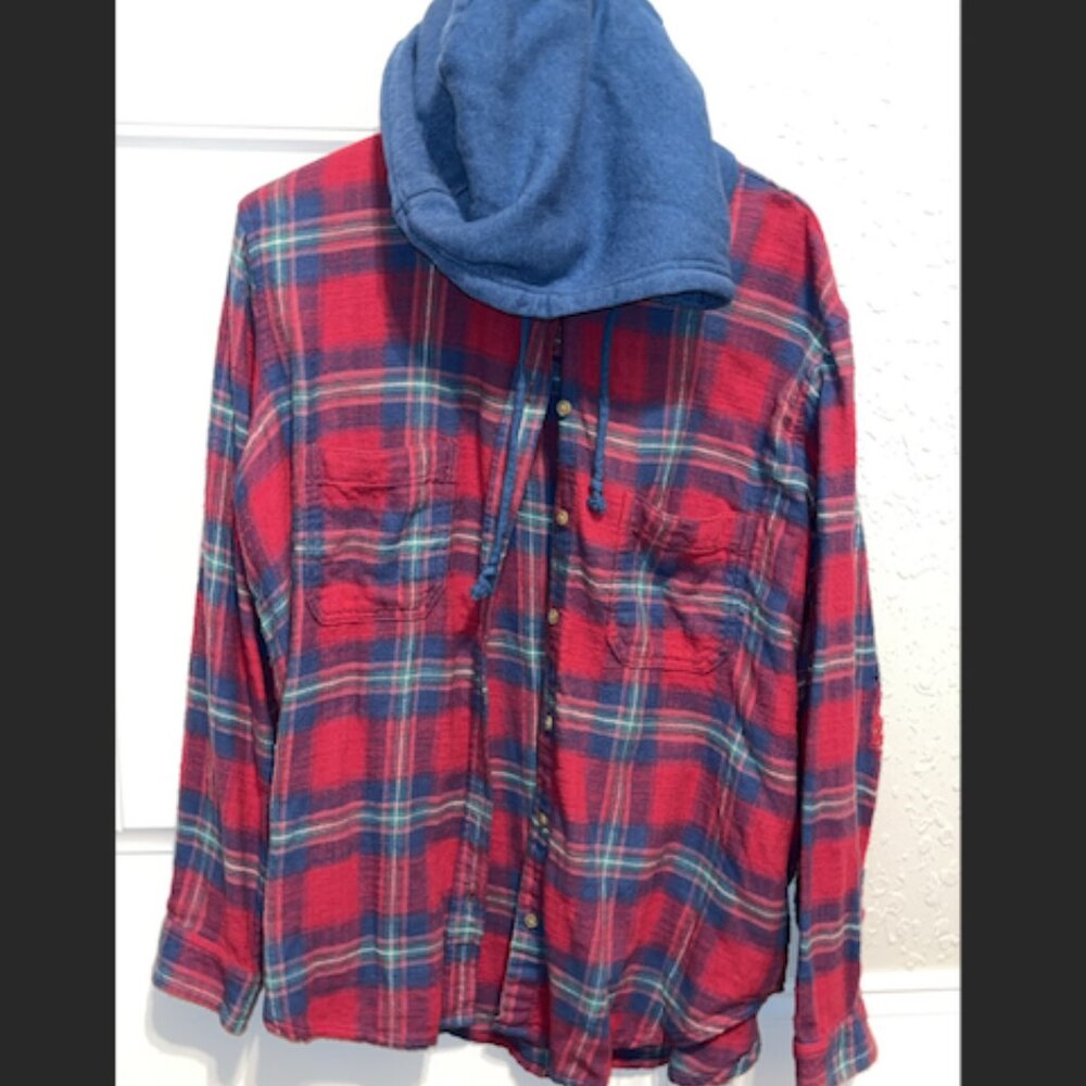 American Eagle-Oversized Hooded Flannel Red & Blue Plaid Distressed Grunge Long